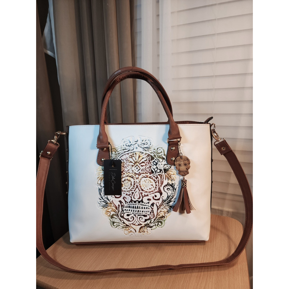 Sugar Skull Multicolor Embossed Tooled Artisan Bag Purse Tote Bolsa Artesanal - Picture 5 of 15